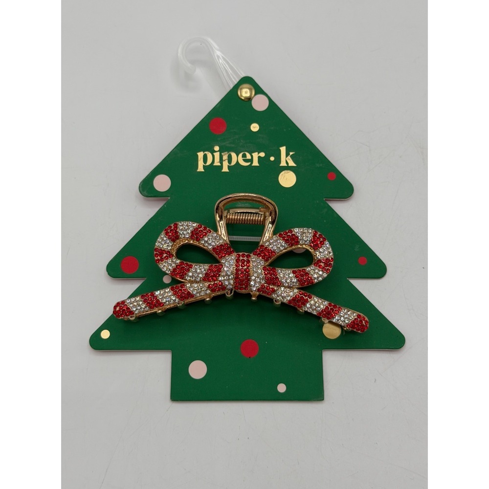 Piper K Christmas Hair Claw Clip Rhinestone Candy Cane Bow Holiday Red Gold